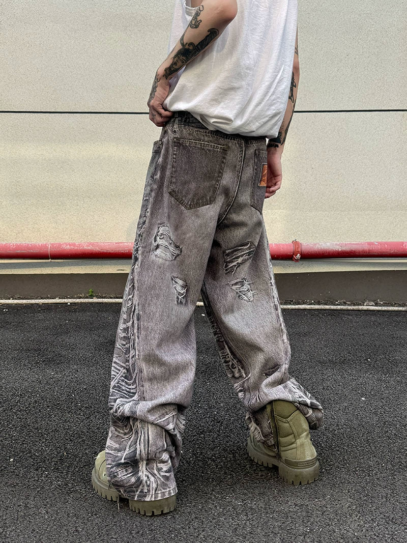3D Print Damage Wide Leg Denim Jeans WN21156
