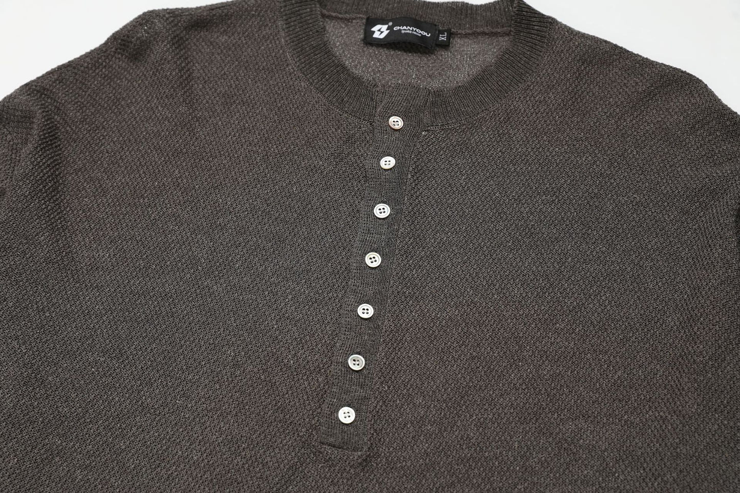 Openwork Linen Henley Neck Knit Sweater WN25712