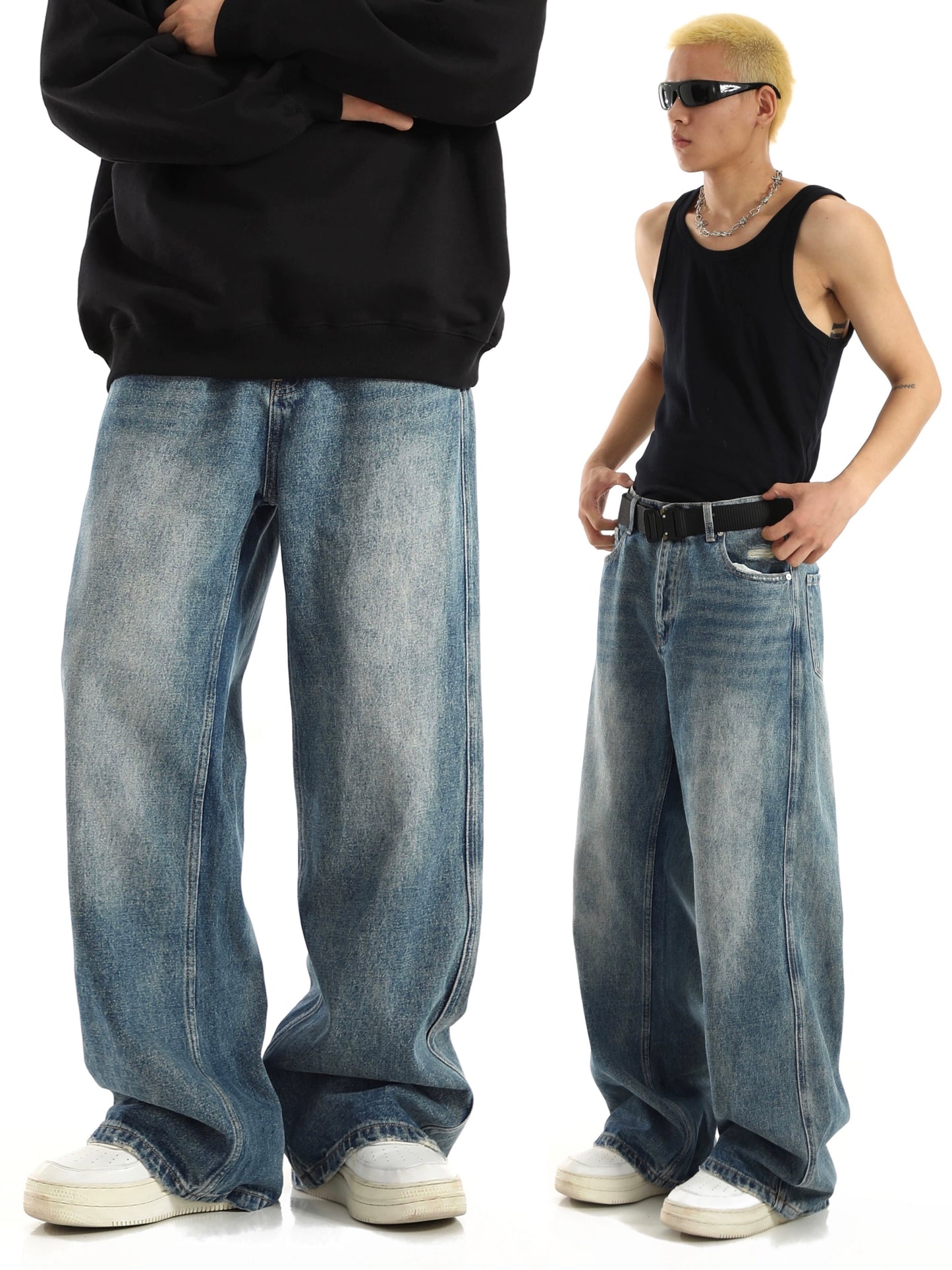 Washed Damage Wide-Leg Denim Jeans WN5715