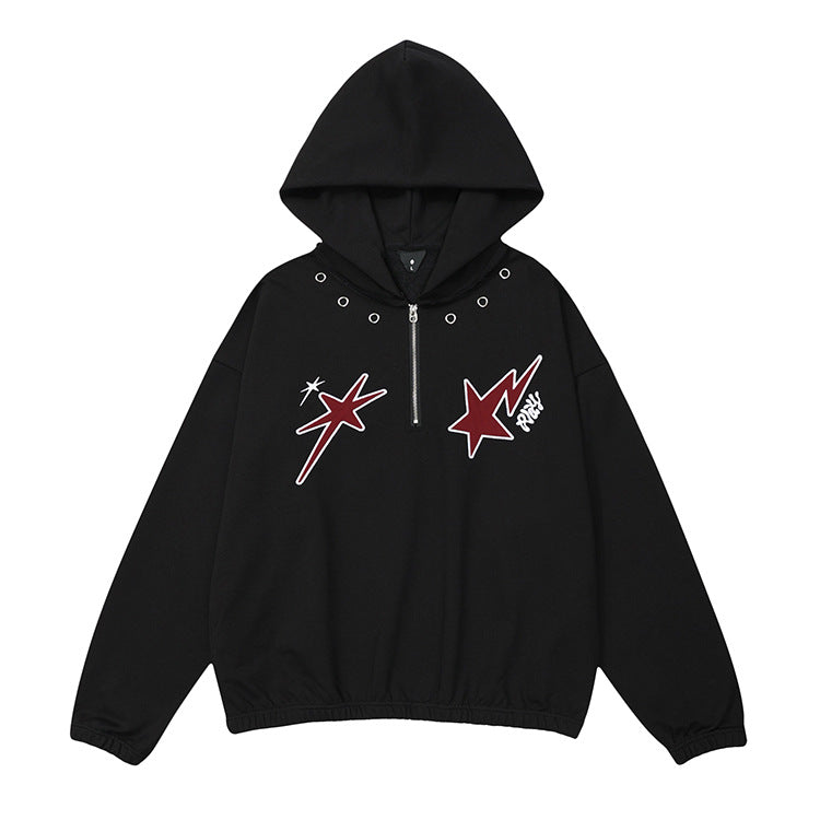 Half Zipper Patchwork Embroidery Hoodie WN12434