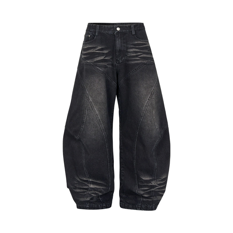 Washed Patchwork Design Curved Buggy Denim Jeans WN18064