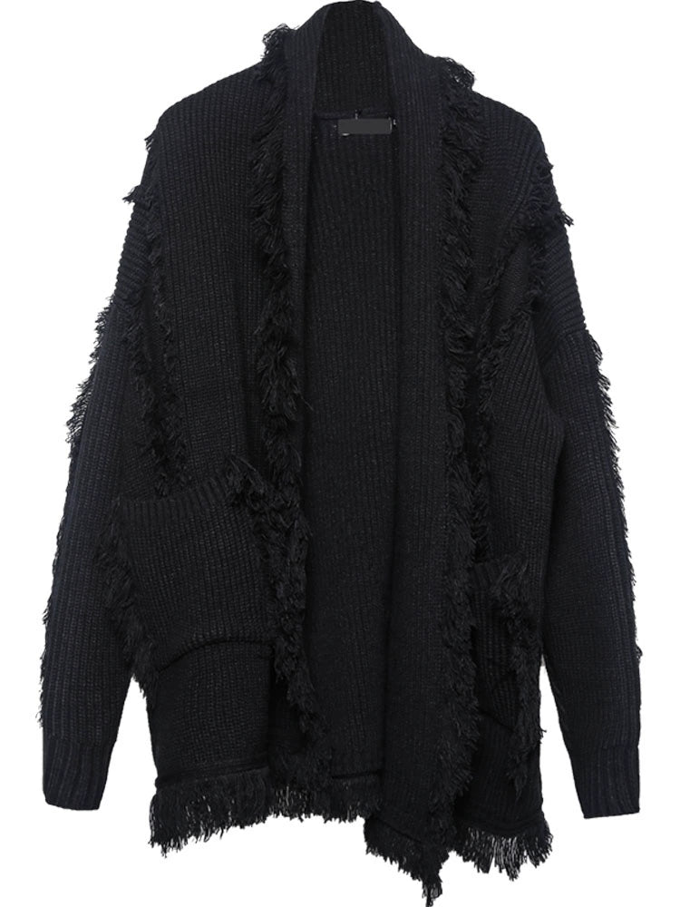 Oversize Asymmetric Cut Tassel Knit Cardigan WN22416