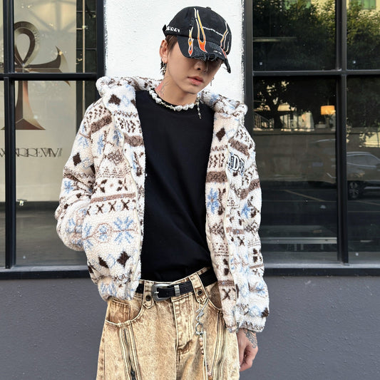 Fair Isle Fake Lamb Fleece Padded Jacket WN22999