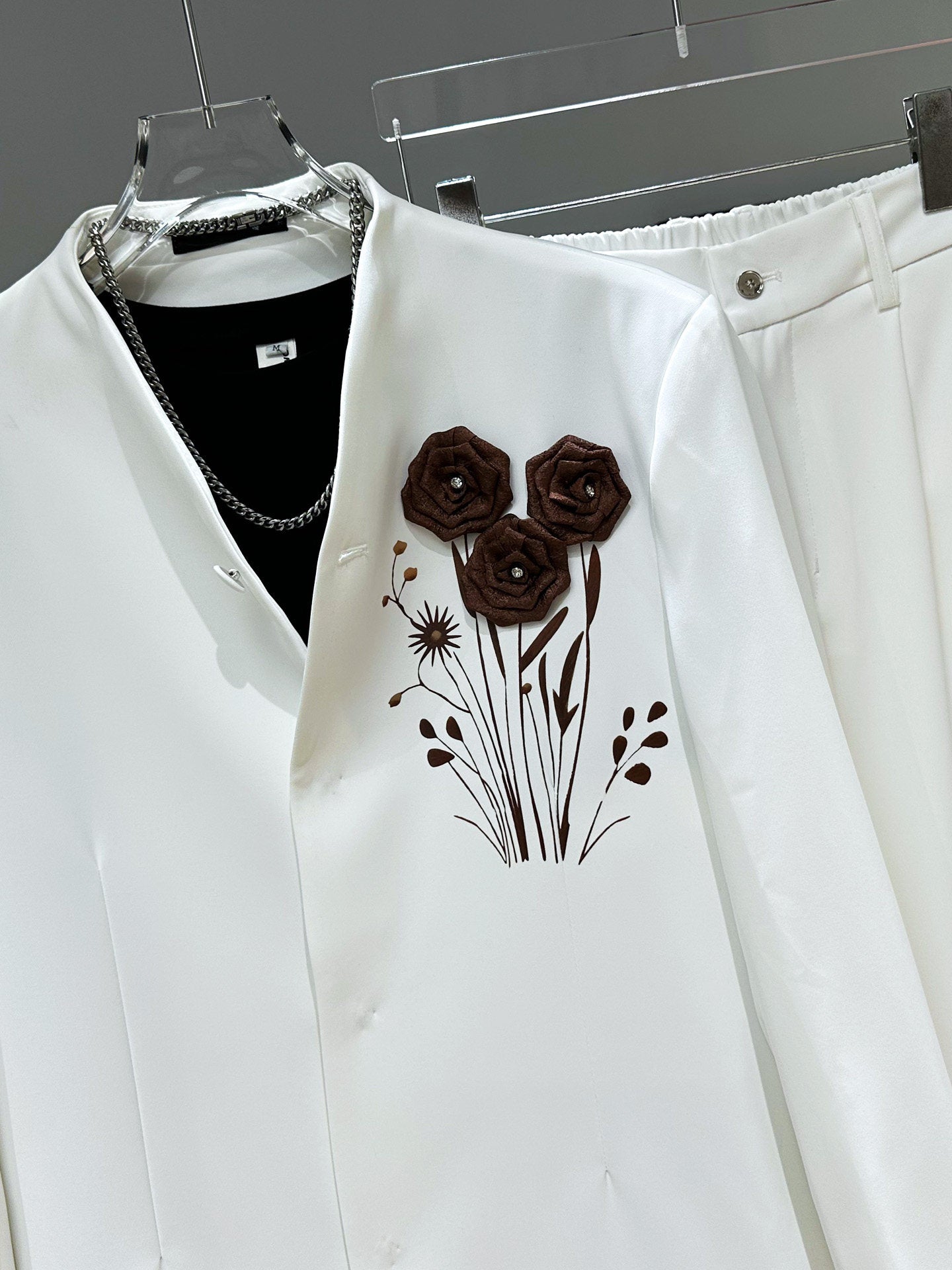 3D Rose Embroidery Tailored Jacket & Wide Leg Trousers Setup WN23875