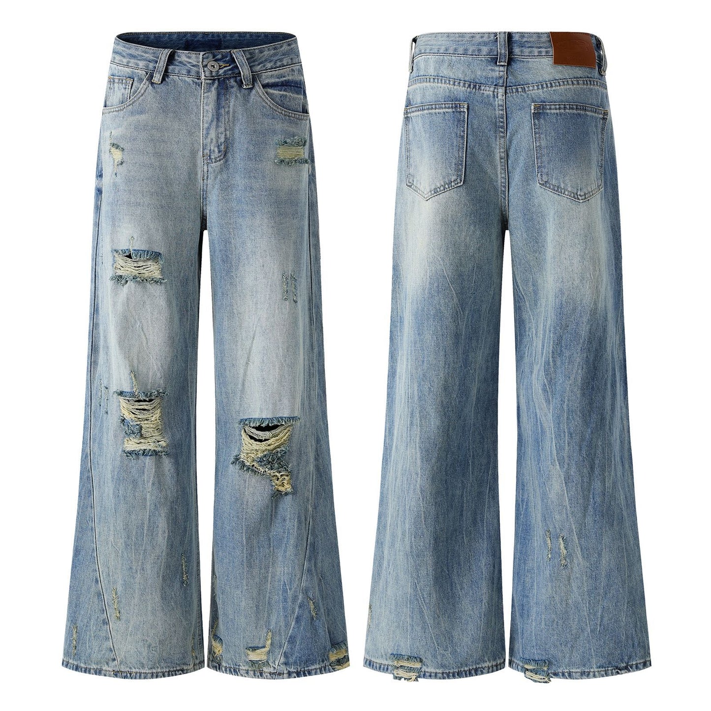 Washed Damage Wide Leg Micro Flare Denim Jeans WN16551