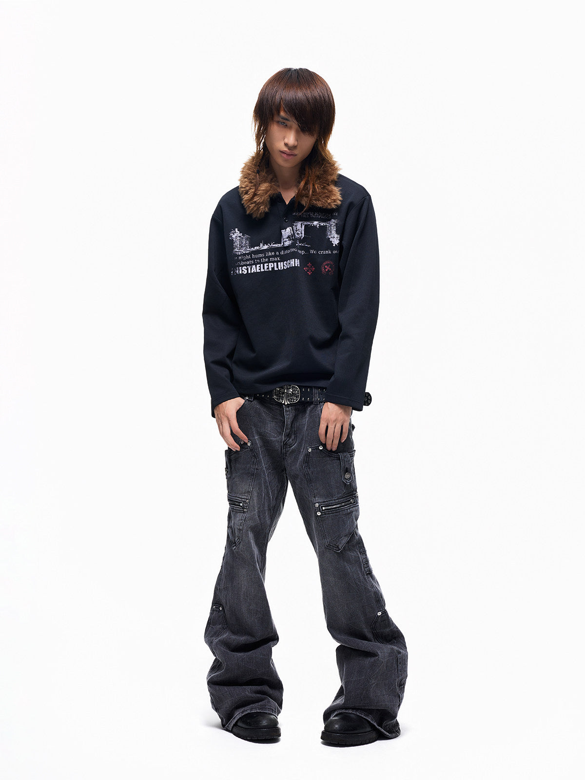 Graphic Print Detachable Fur Collar Long Sleeve T-Shirt WN27269