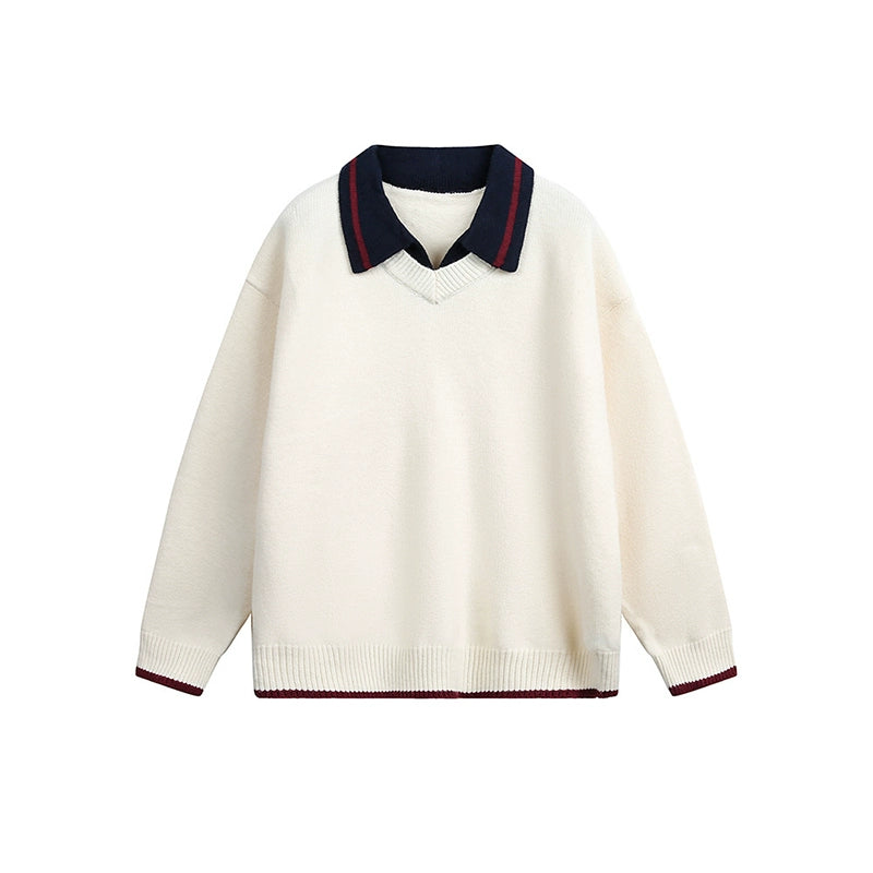 Fake Layered Colorblock Polo Knit Sweater WN22103