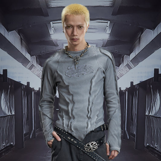 Deconstruct V-Hem Wash Damage High Elastic Long Sleeve T-Shirt WN22876