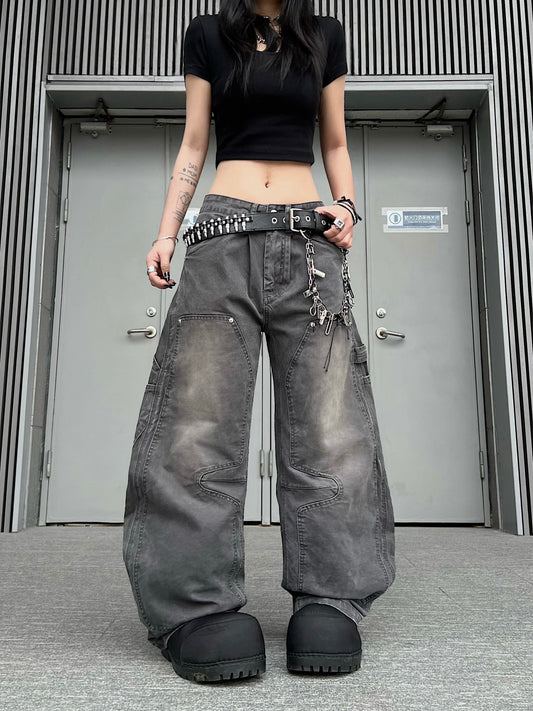 Deconstructed Patchwork Wash Curved Wide Leg Denim Jeans WN24230