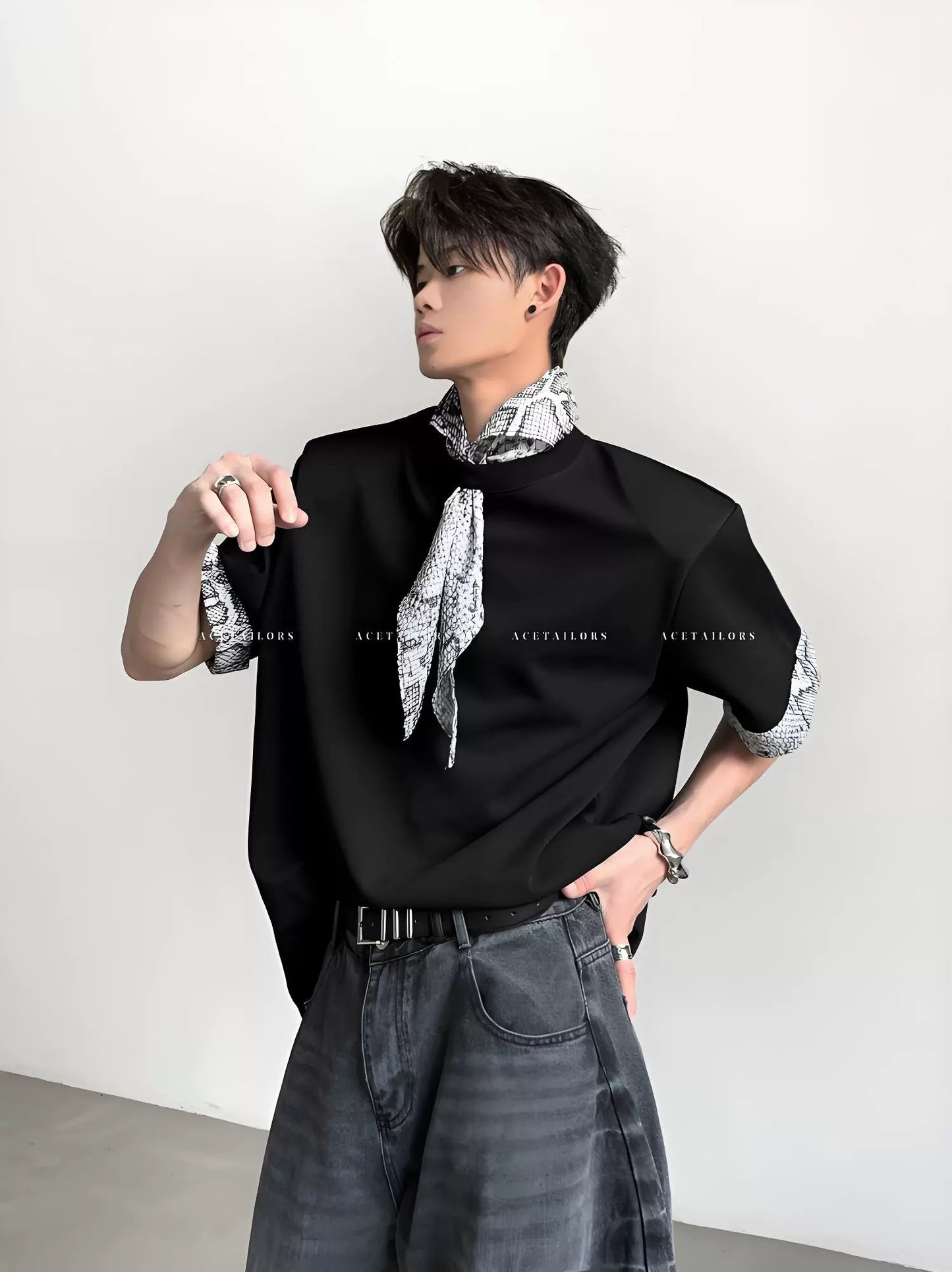 Snake Neck Patchwork Shoulder-Pad Short Sleeve T-Shirt WN20080