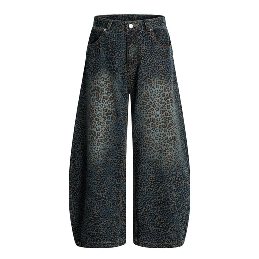 Leopard Print Washed Wide Leg Denim Jeans WN23597