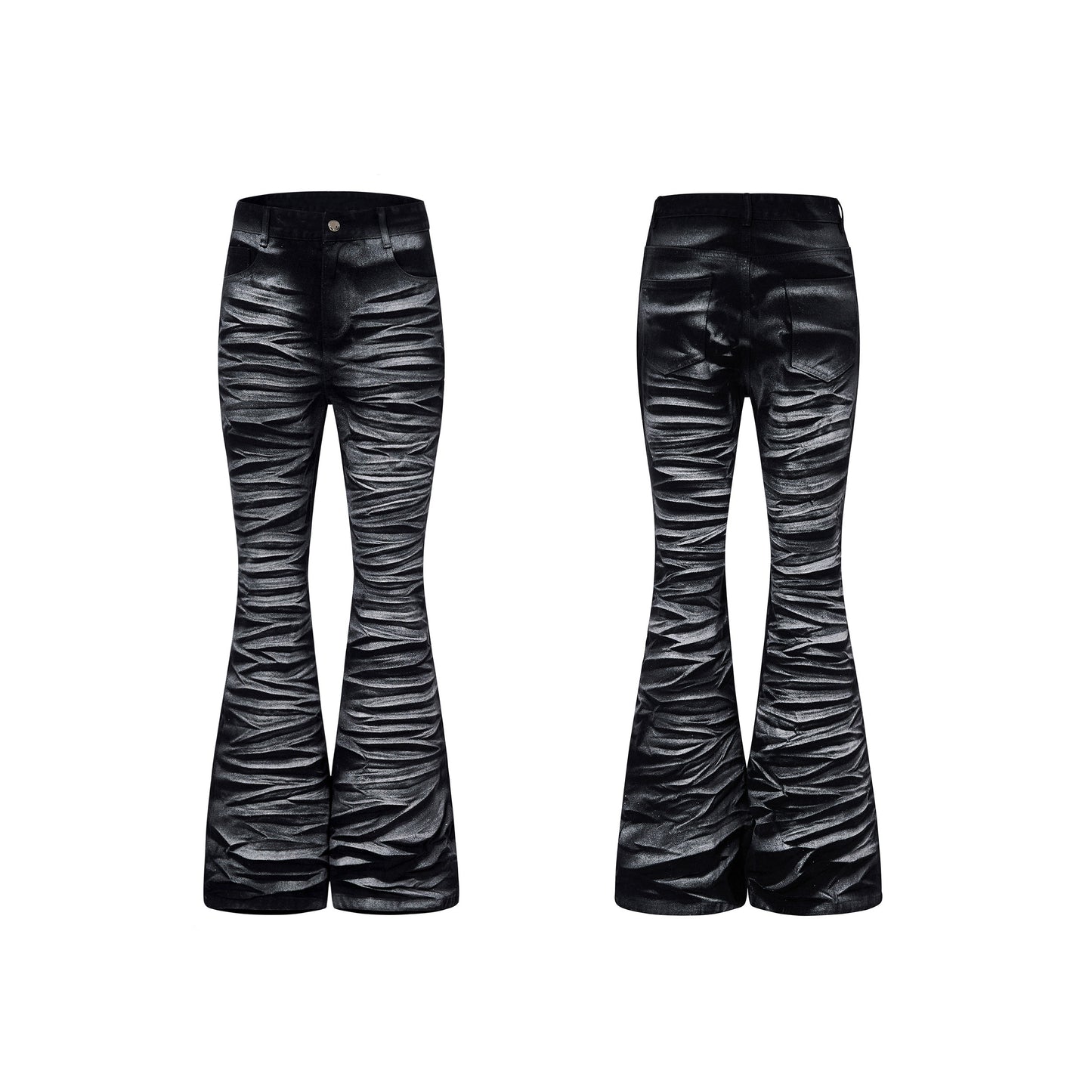 Wave Texture Pleats Foil Flare Denim Jeans WN23267