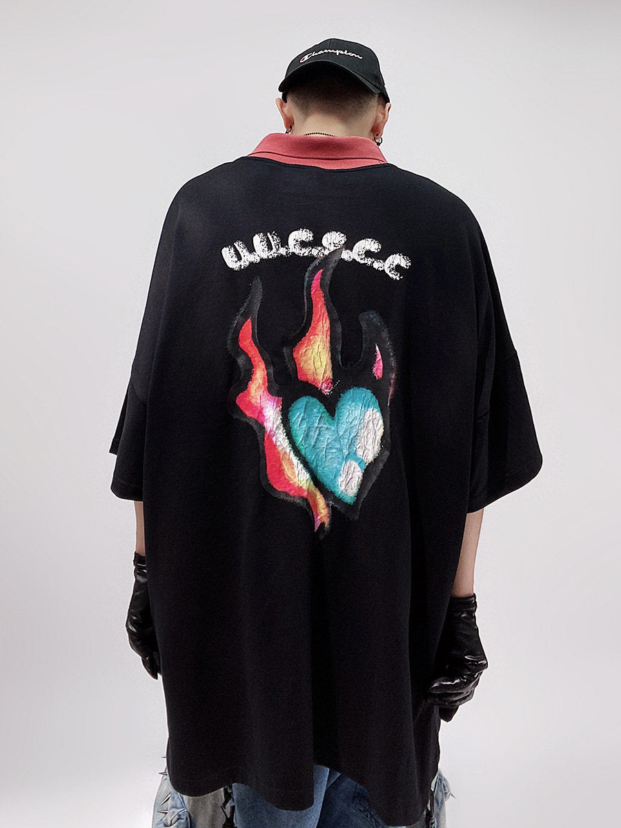 Flame Heart Print Oversize Short Sleeve T-Shirt WN24002