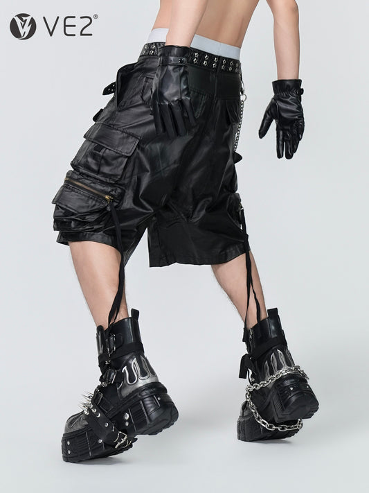PU Leather Multi Pocket Chain Cargo Short Pants WN24313