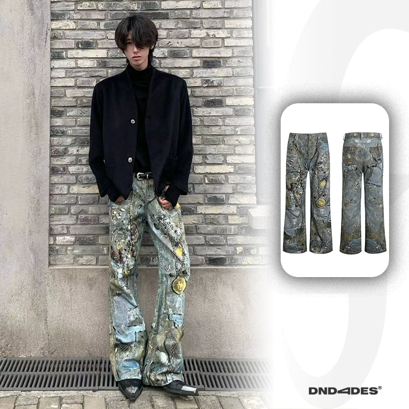 Digital Chain Print Wide-Leg Straight Pants WN17093