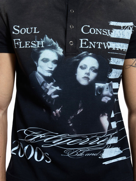Portrait Print Damage Henley Neck Short Sleeve T-Shirt WN27449