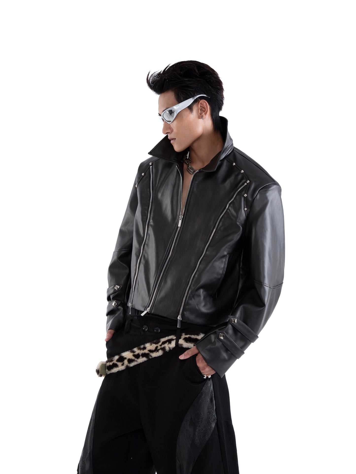 Rivet Multi-Zipper Shoulder-Pad Standing-Collar PU Leather Jacket WN20661