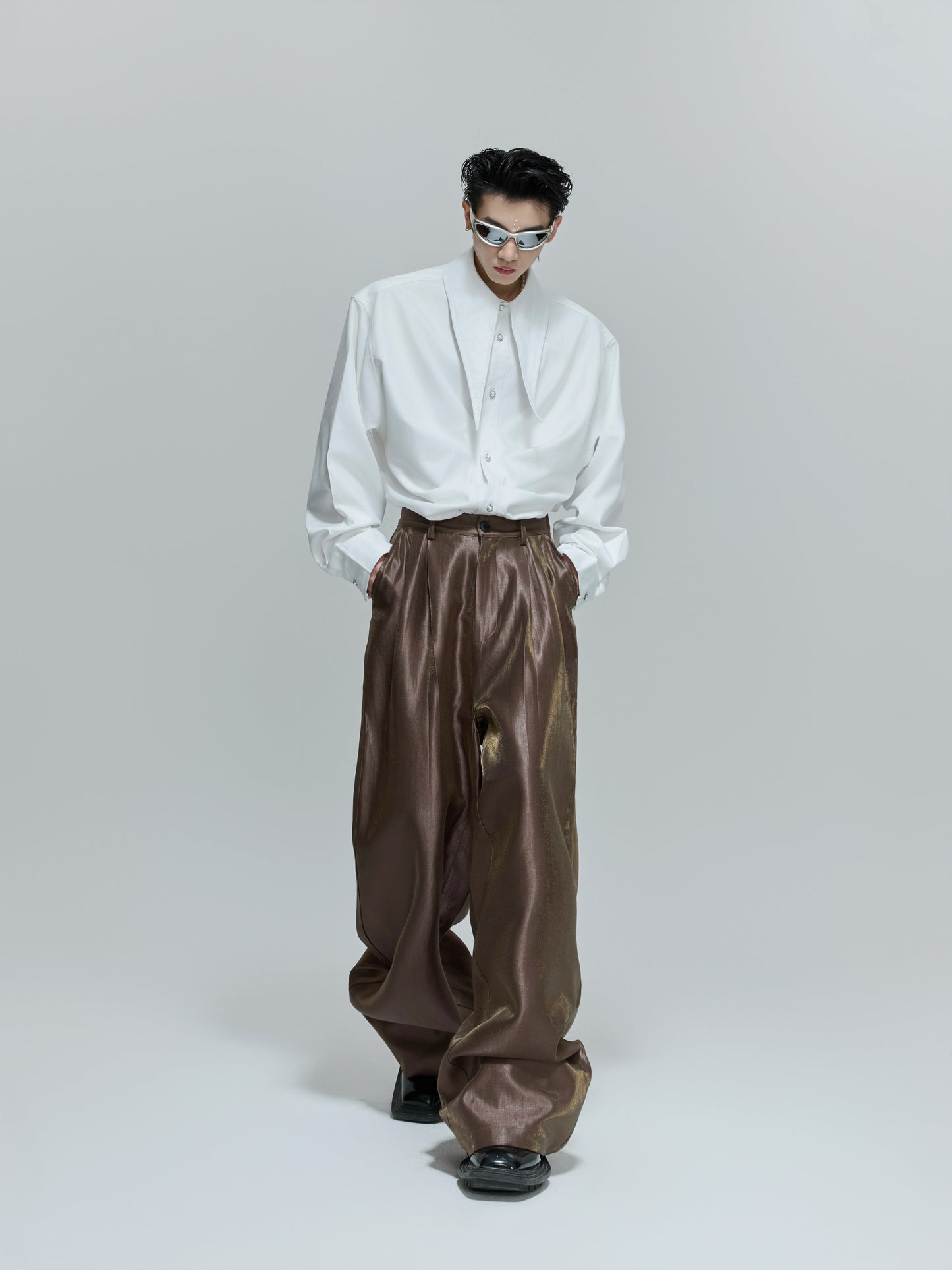 Crinkled High Waist Wide Leg Trousers WN21717