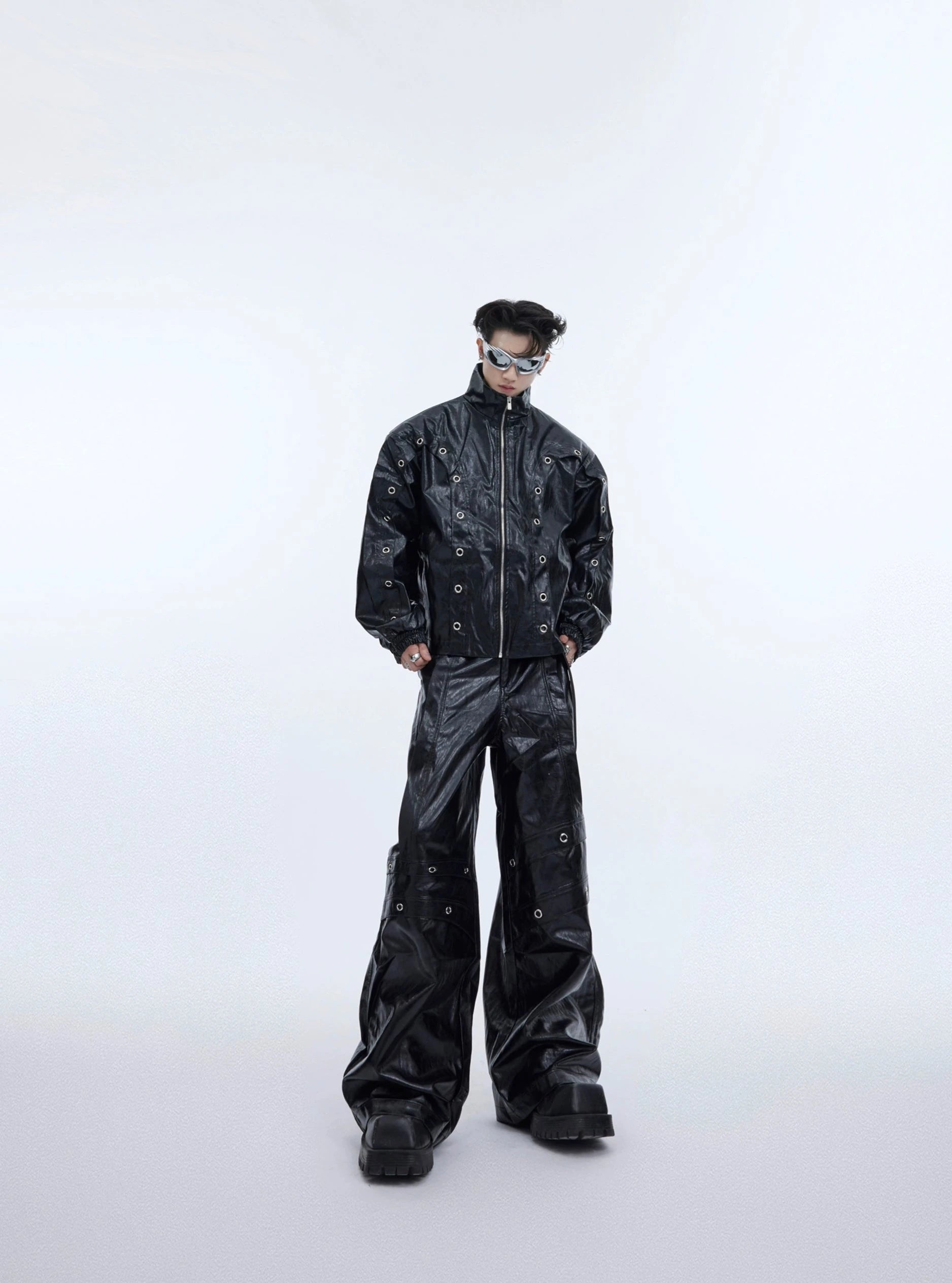 Metal Ring Design PU Leather Jacket & Wide-leg PU Leather Pants