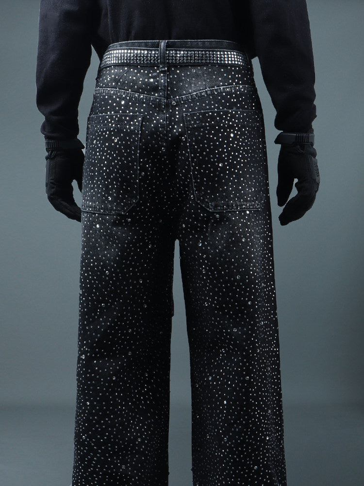 Rhinestone Star Design Washed Ribbon Wide Leg Denim Jeans WN23768