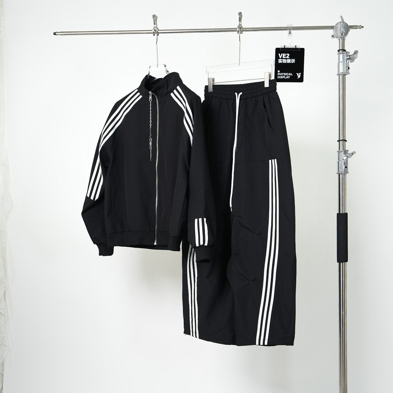 Stripe Line Zipper Jacket & Stripe Line Wide Leg Pants Setup WN24139