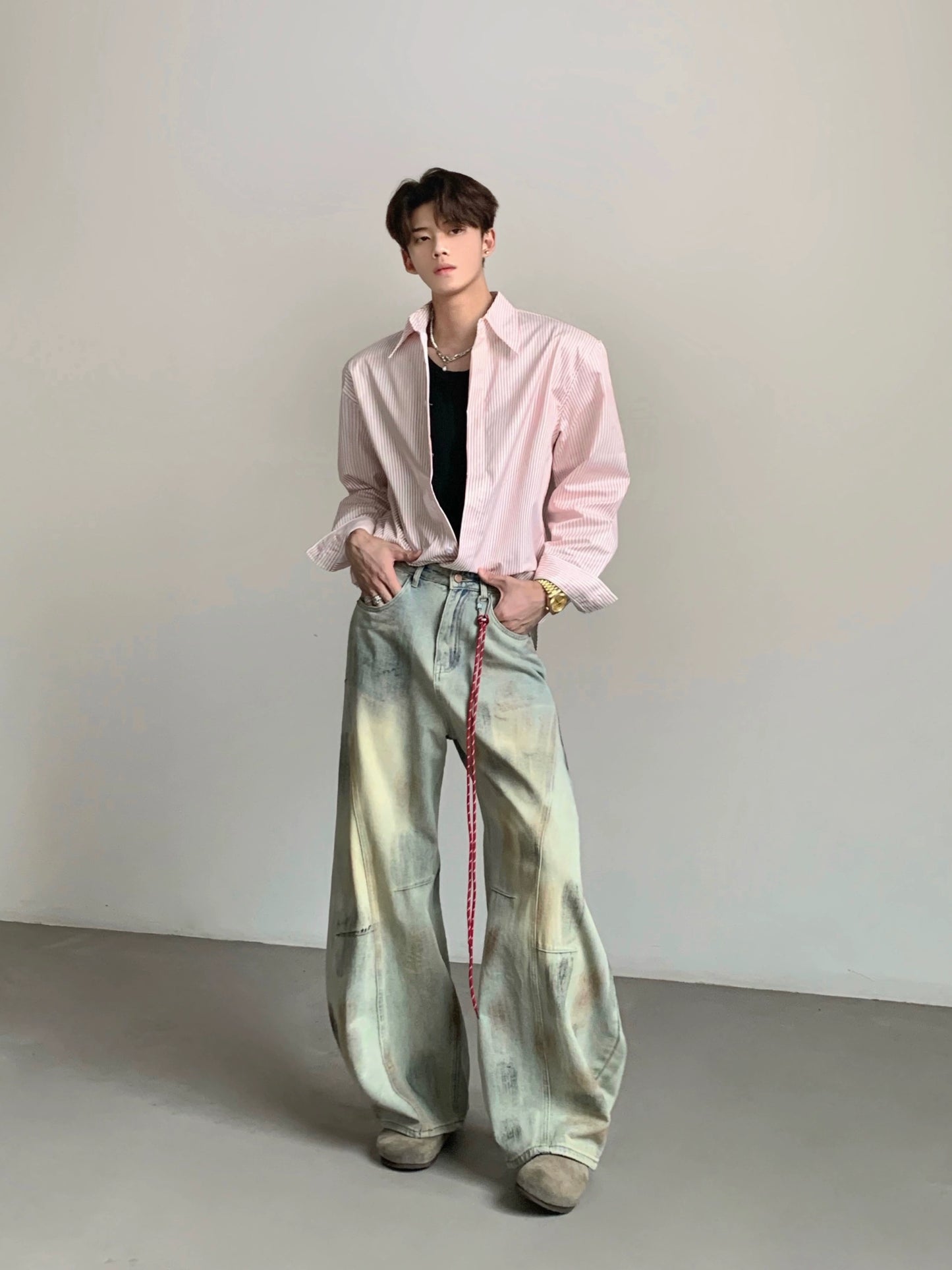 Dirty Wash Curved High Waist Flare Denim Jeans WN21962