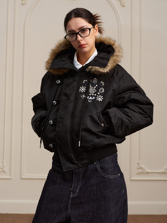 Fake Fur Collar Embroidery Puffer Jacket WN23213