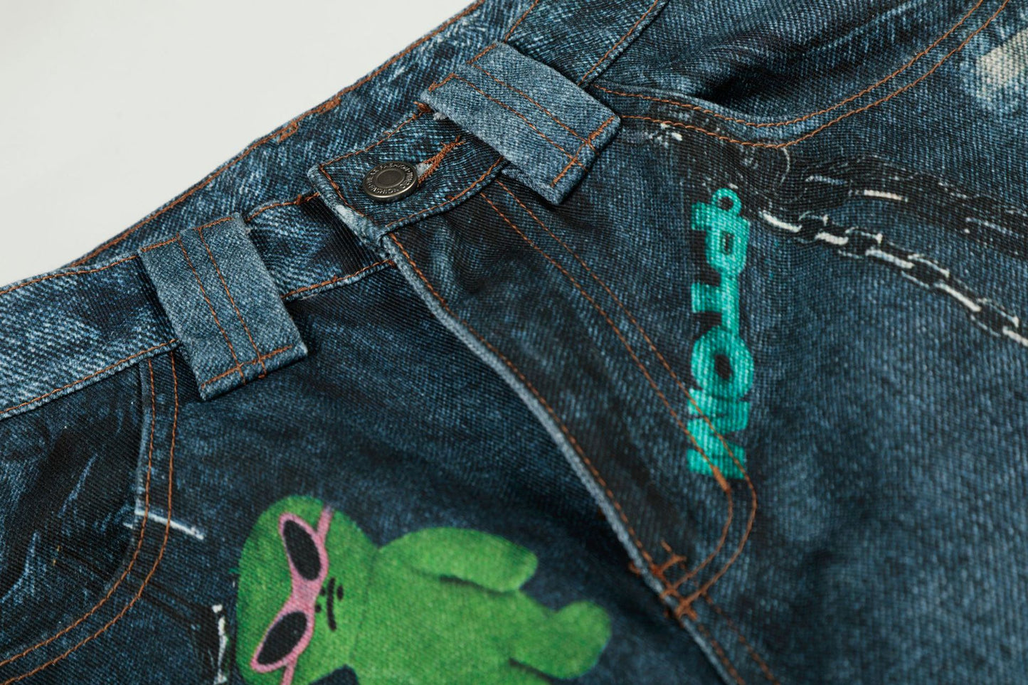 Washed 3D Print Curved Wide Leg Denim Jeans WN25920