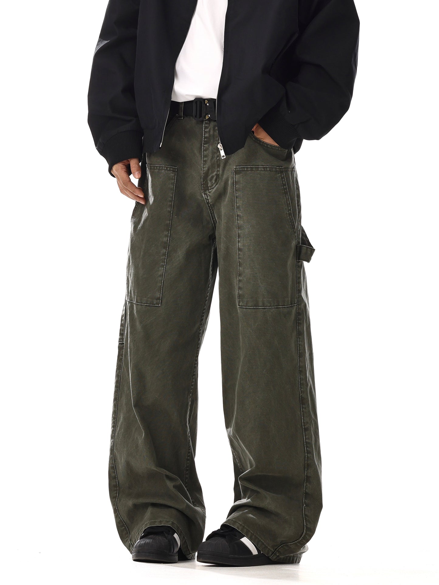 Washed Wide-Leg Straight Cargo Denim Jeans WN15133