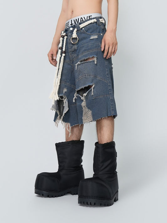 Washed Damage Fray Wide Leg Denim Half Jeans WN24314