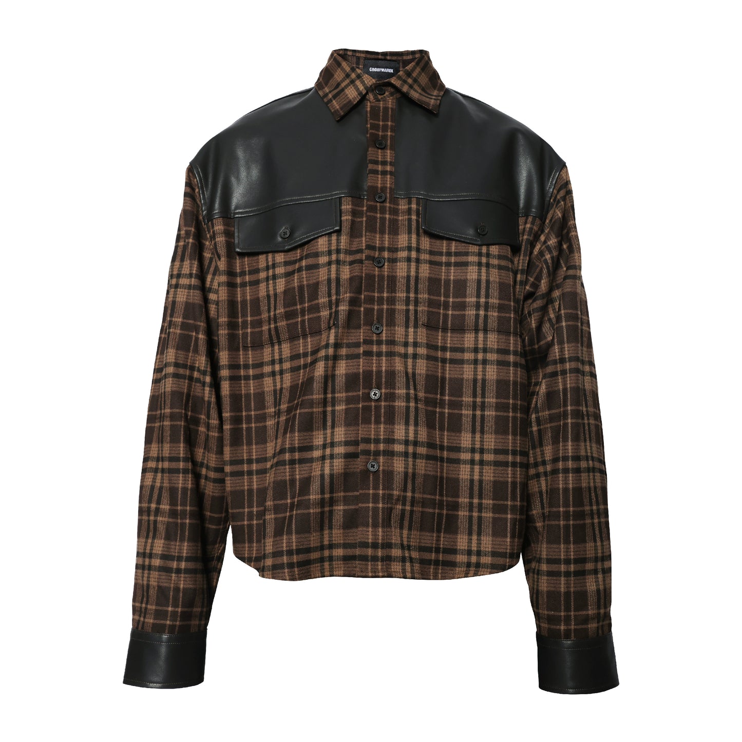 Brown Plaid Fake Leather Mix Graphic Long Sleeve Shirt WN17227