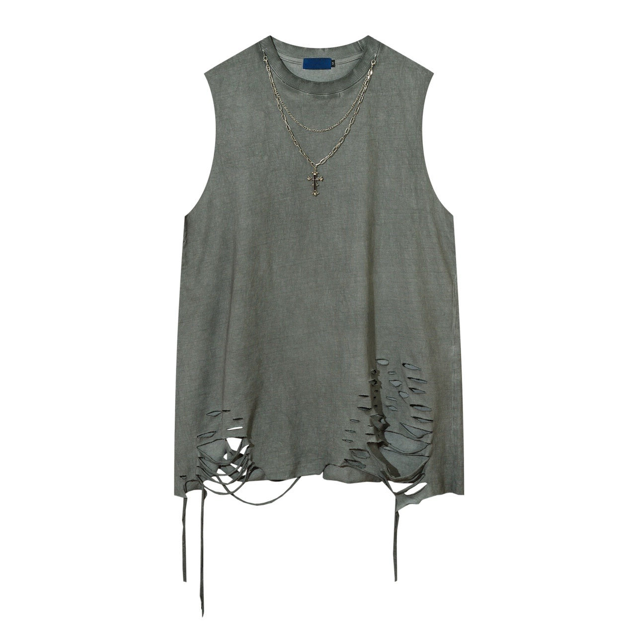 With Necklace Oversize Sleeveless Damage T-shirt WN5261