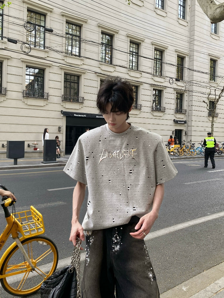 Fake Layered Damage Shoulder-Pad Heavyweight Short Sleeve T-Shirt WN20746