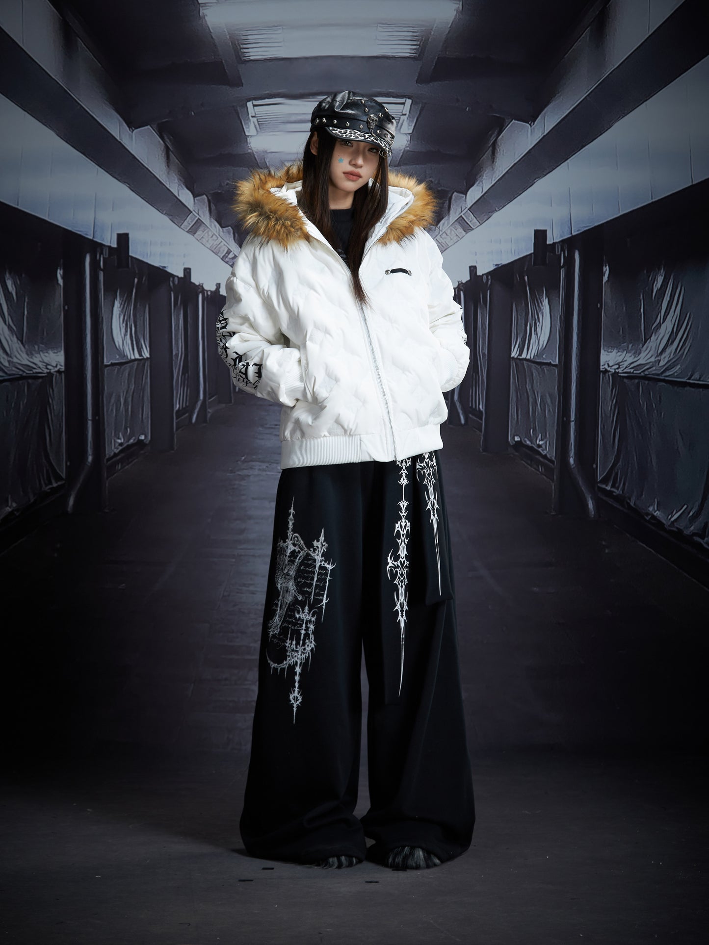 Print Fur Hooded White Duck Down Jacket WN22855