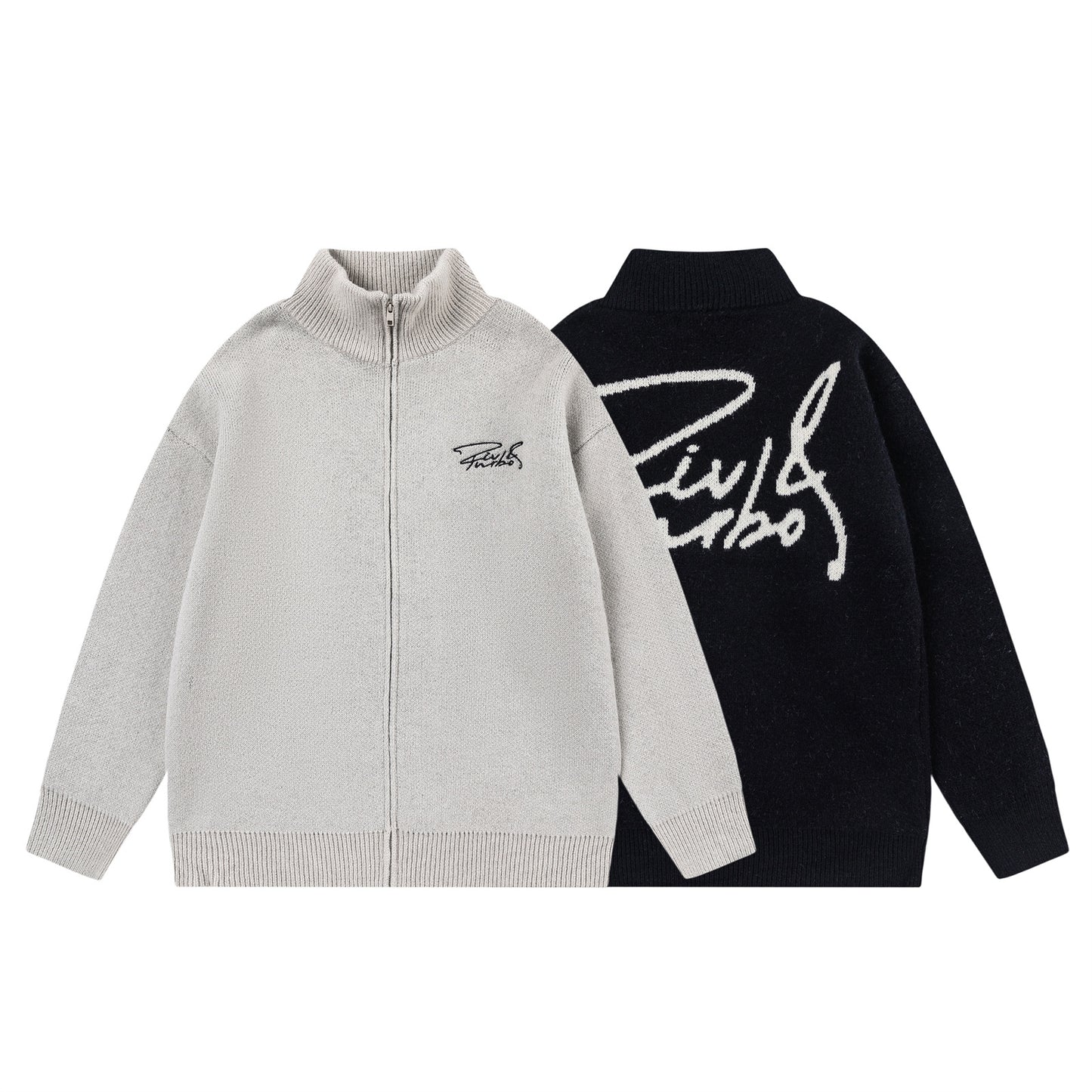 Letter Embroidery Zipper High-Neck Knit Cardigan WN11523