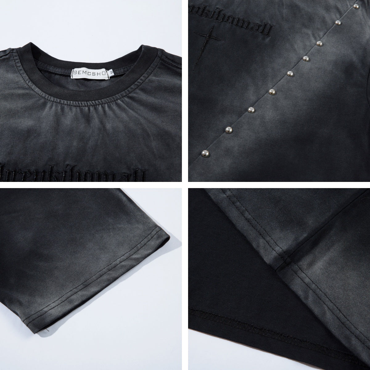 Washed Beaded Letter Embroidery Short Sleeve T-Shirt WN16214