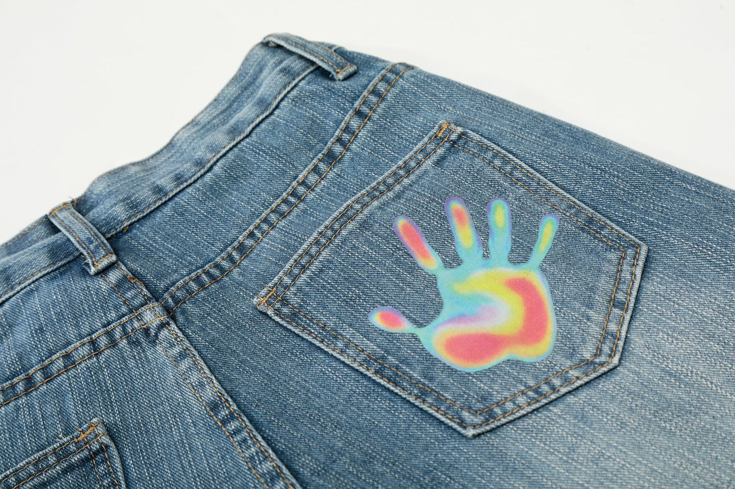 Star Heart Print Curved Wide Leg Denim Jeans WN25731