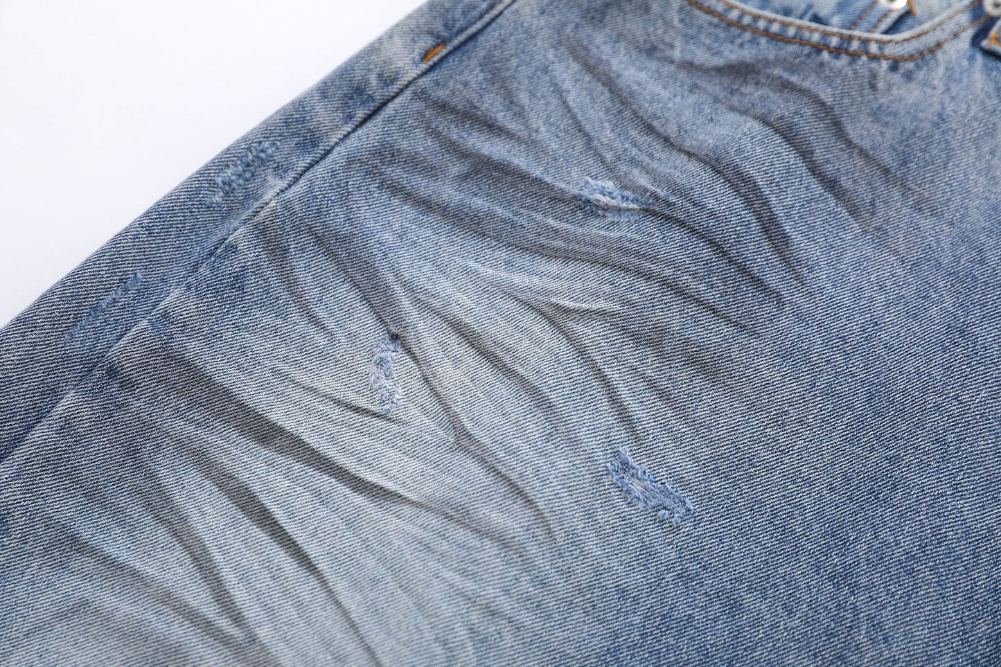 Whisker Washed Wide Leg Denim Half Jeans WN25946
