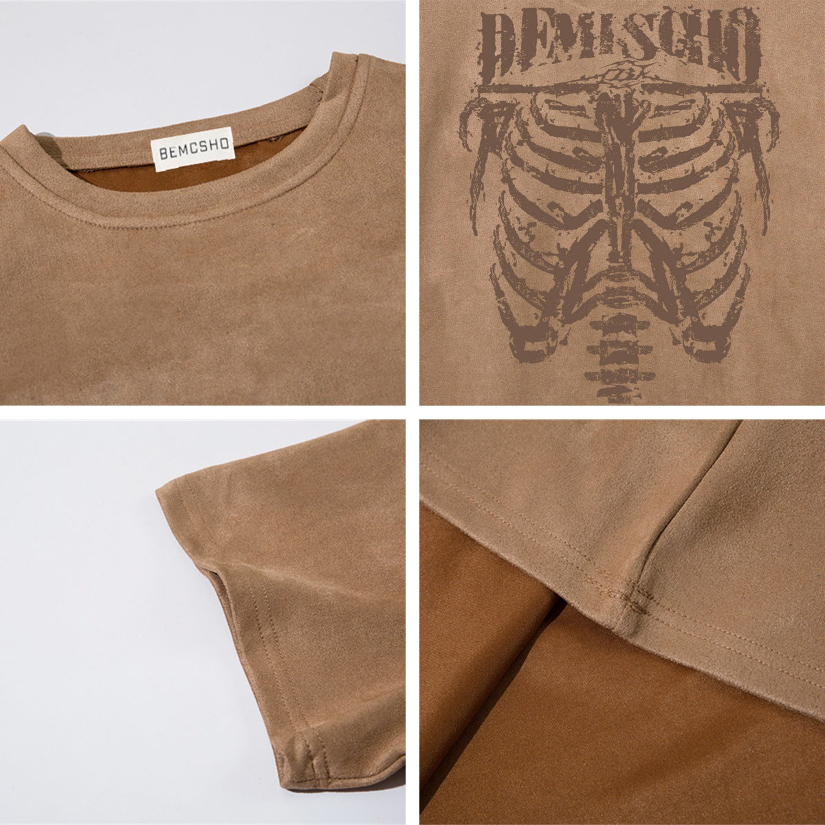 Skeleton Print Suede Oversize Short Sleeve T-Shirt WN15076