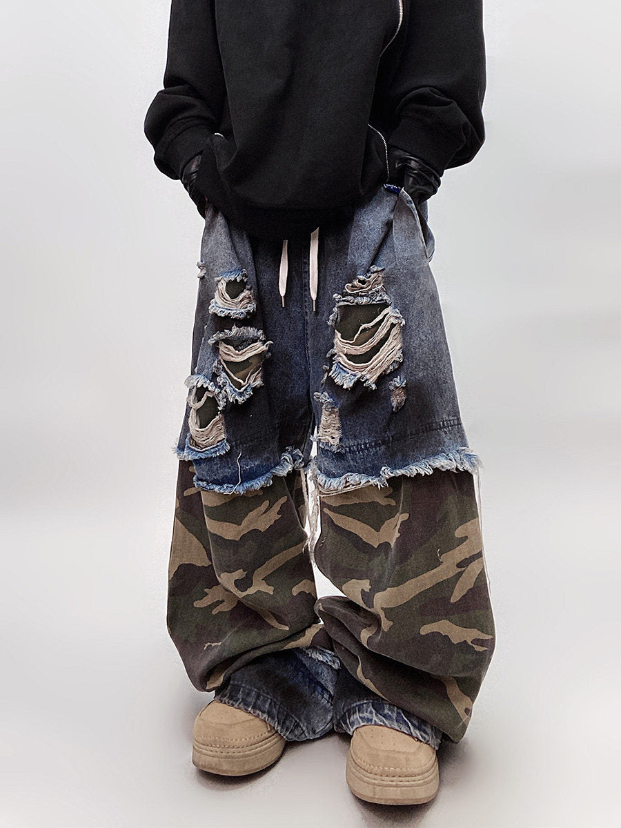 Camouflage Ripped Wide Leg Denim Jeans WN23993