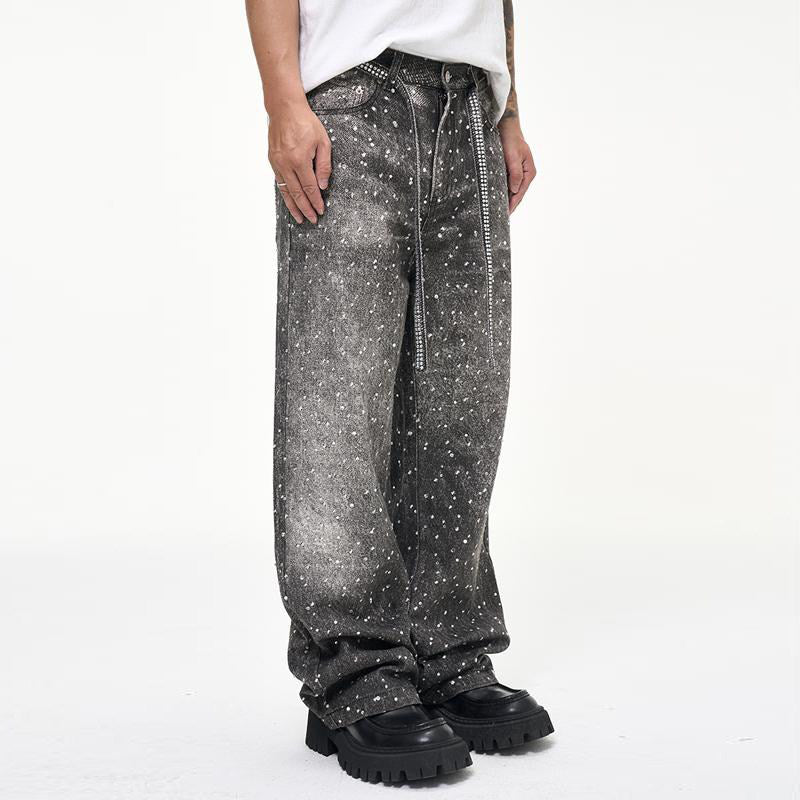 Rhinestone Print Wash Damage Straight Denim Jeans WN24352