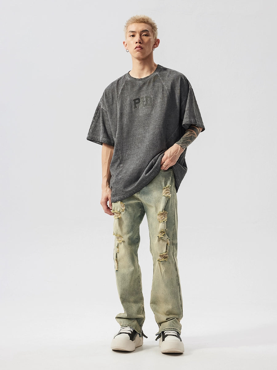 Damage Hem Zipper Dirty Wash Wide-Leg Straight Denim Jeans WN17546