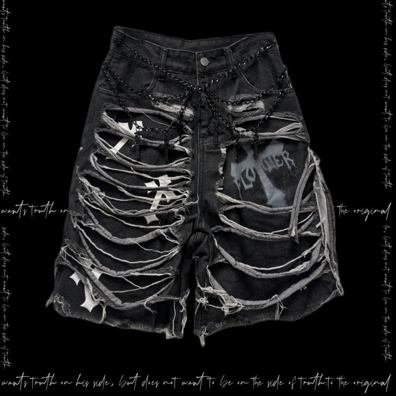 Washed Damage Design Five Pocket Half Denim Jeans & Belt & Waist Chain WN20092