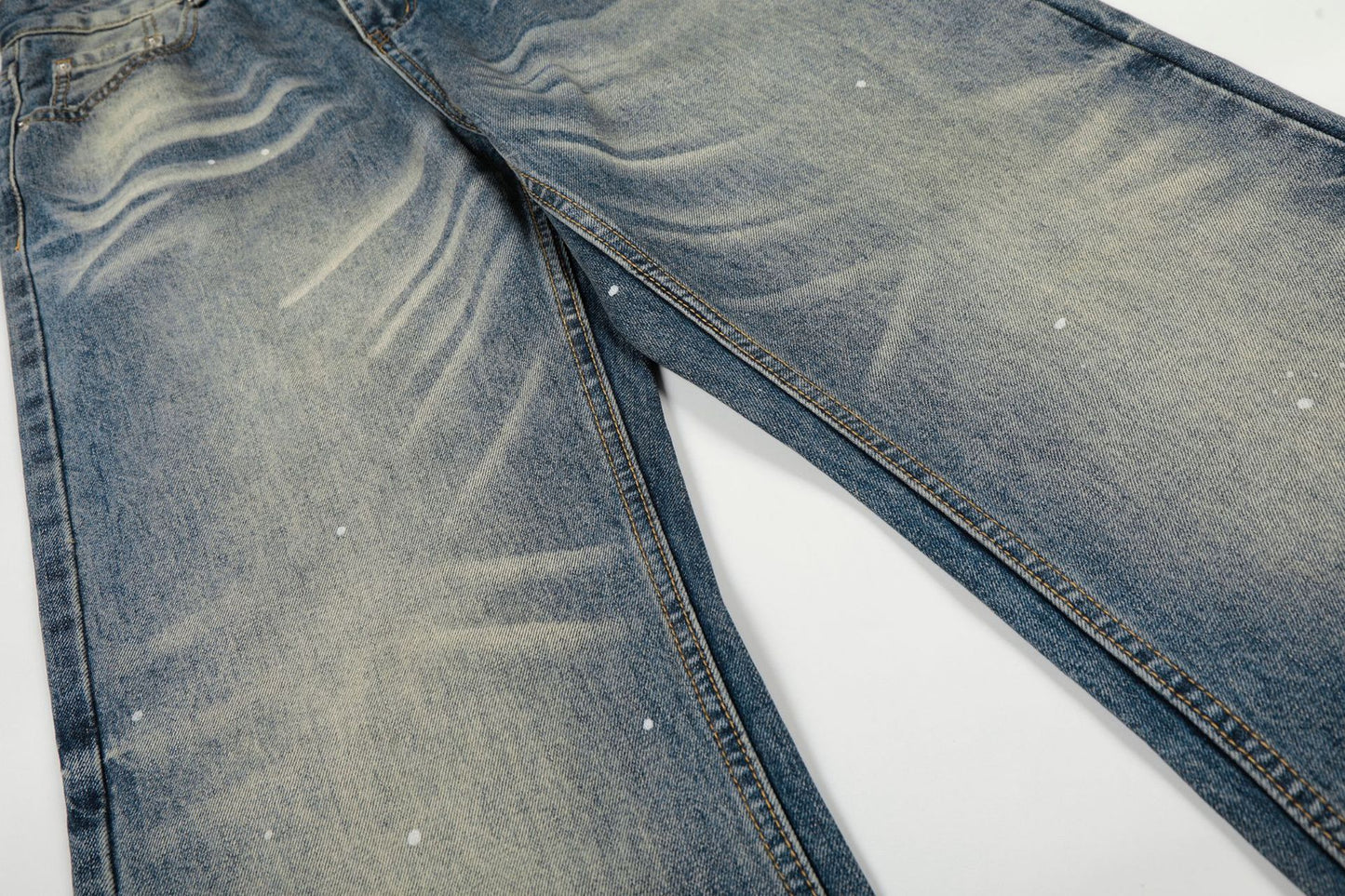 Washed Whisker Paint Splatter Straight Denim Jeans WN26147