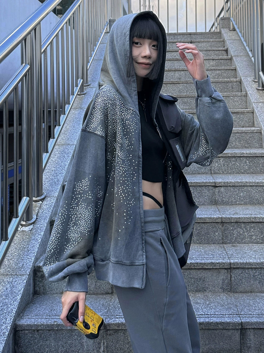 Washed Mud-Dyed Star Rhinestone Zipper Hoodie & Pants Setup WN17052