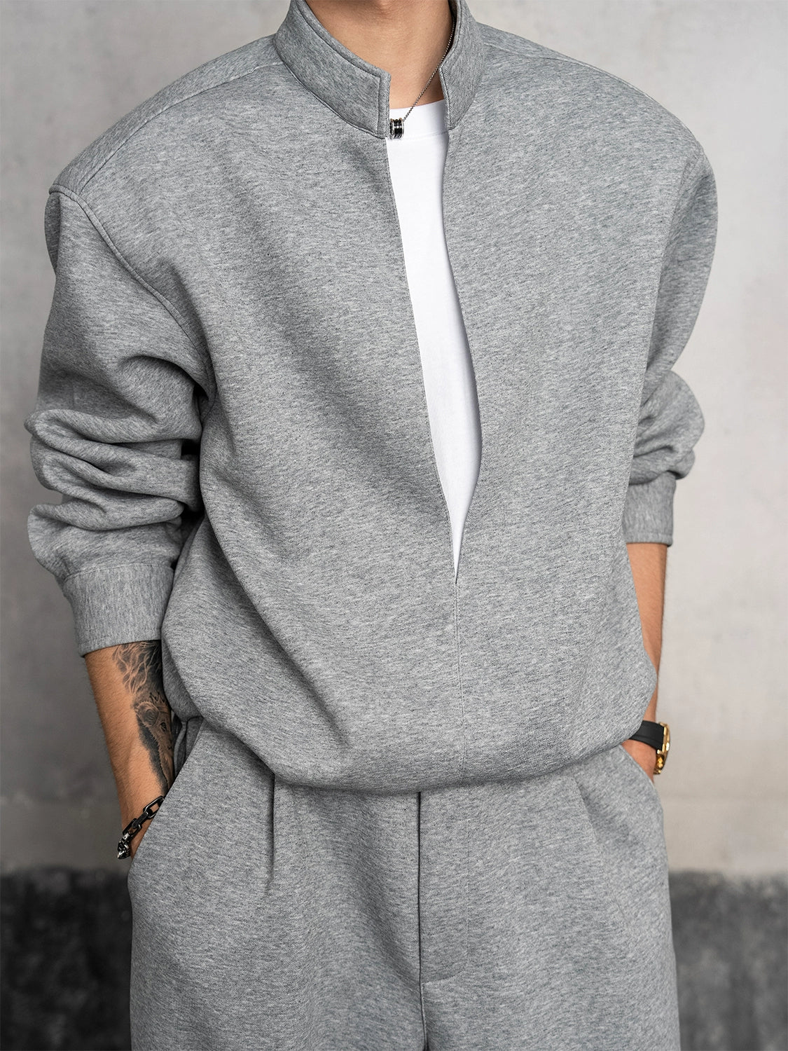 Fake Layered Stand Neck Sweatshirt & Pants Setup WN20869