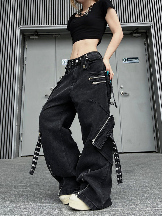 Zipper Strap Rivet Wide Leg Cargo Denim Jeans WN24169