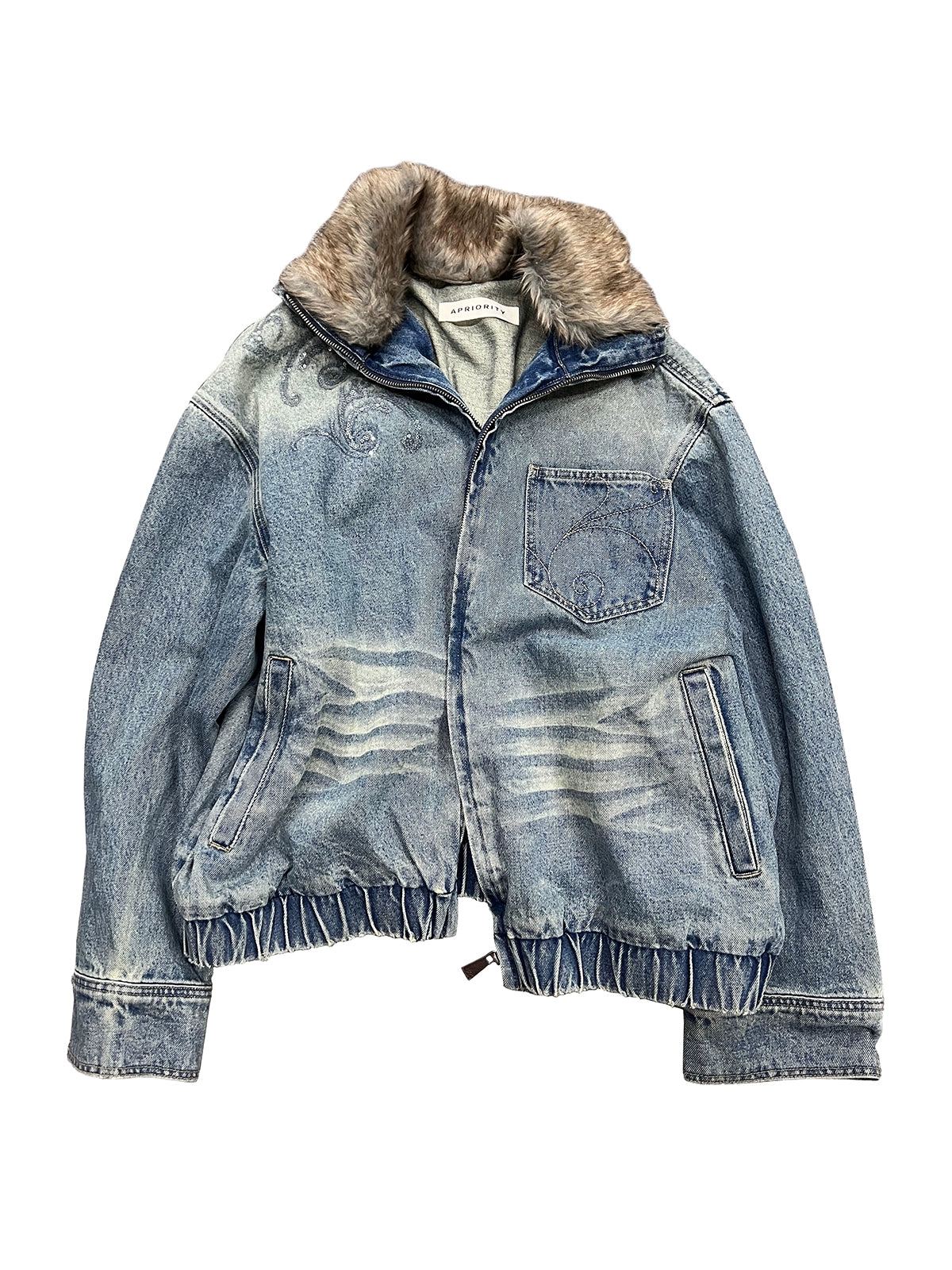 Embroidered Faux Fur Collar Wash Denim Jacket WN18926