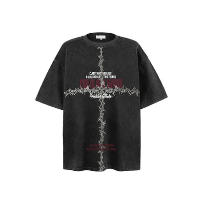 Thorn Cross Print Oversize Short Sleeve T-Shirt WN5877