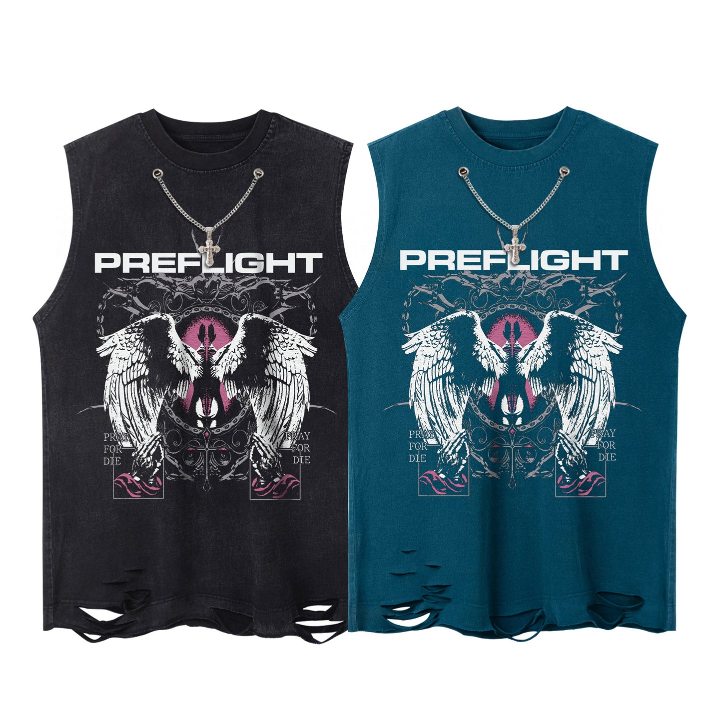 Oversize Wing Print Washed Damage Tank Top WN16500